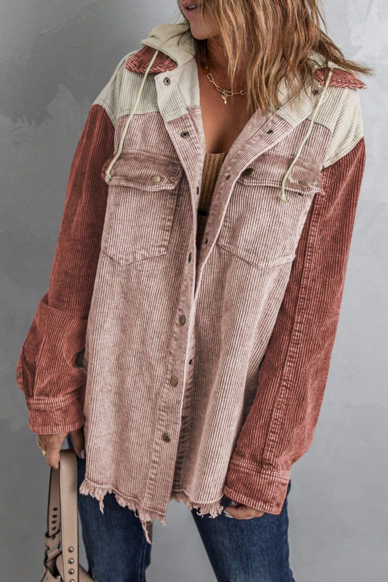 Snap Front Hooded Corduroy Shacket - Outerwear
