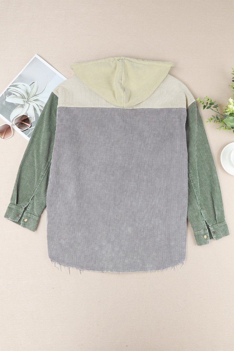 Snap Front Hooded Corduroy Shacket - Outerwear