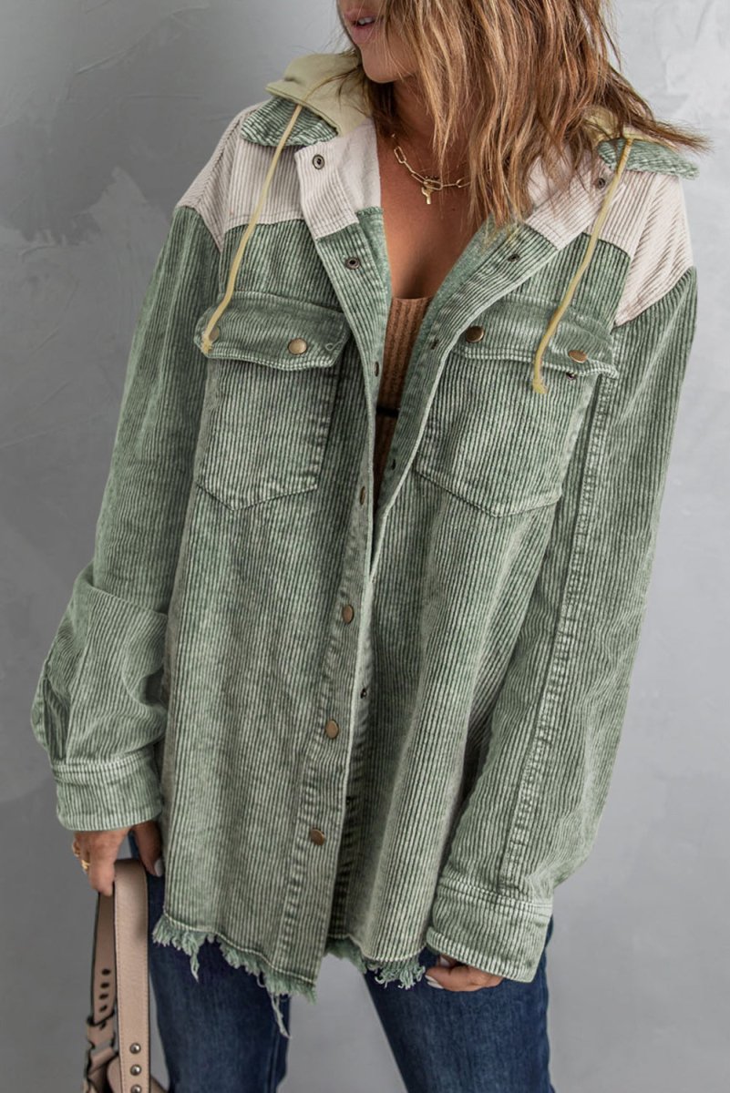 Snap Front Hooded Corduroy Shacket - Outerwear