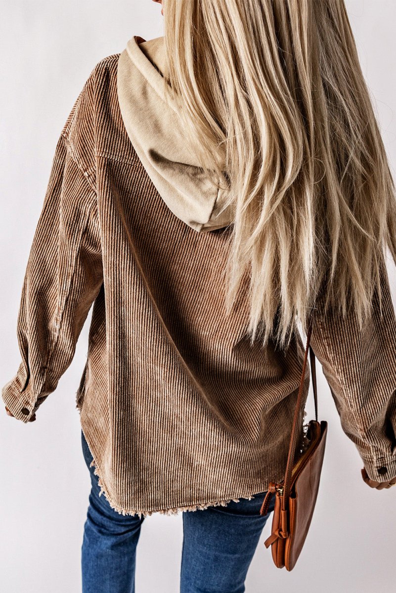 Snap Front Hooded Corduroy Shacket - Outerwear