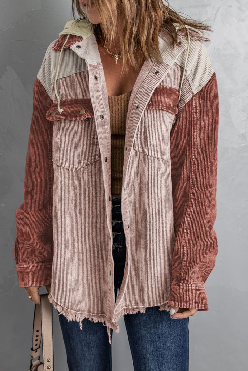 Snap Front Hooded Corduroy Shacket - Outerwear