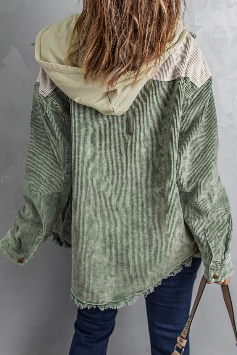 Snap Front Hooded Corduroy Shacket - Outerwear