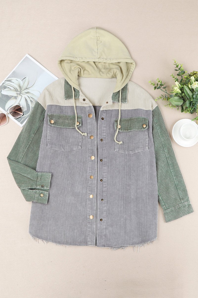 Snap Front Hooded Corduroy Shacket - Outerwear