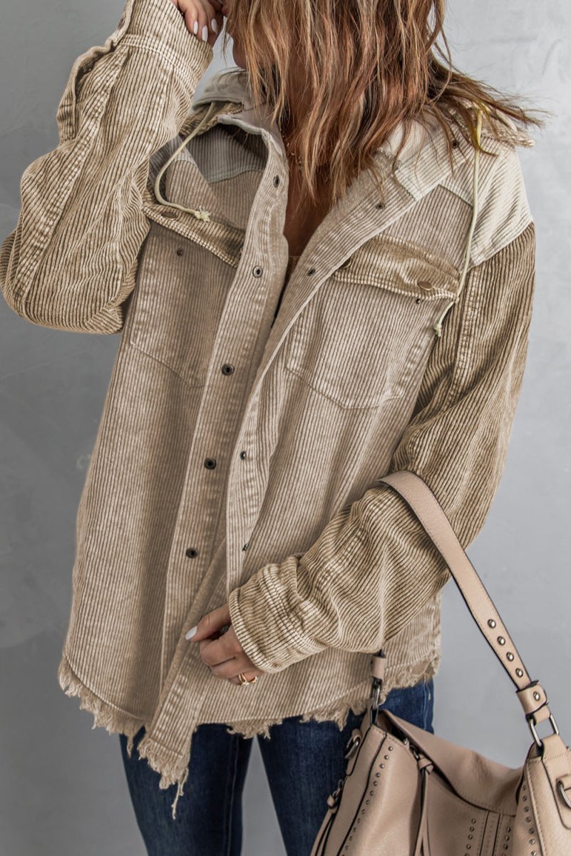 Snap Front Hooded Corduroy Shacket - Outerwear