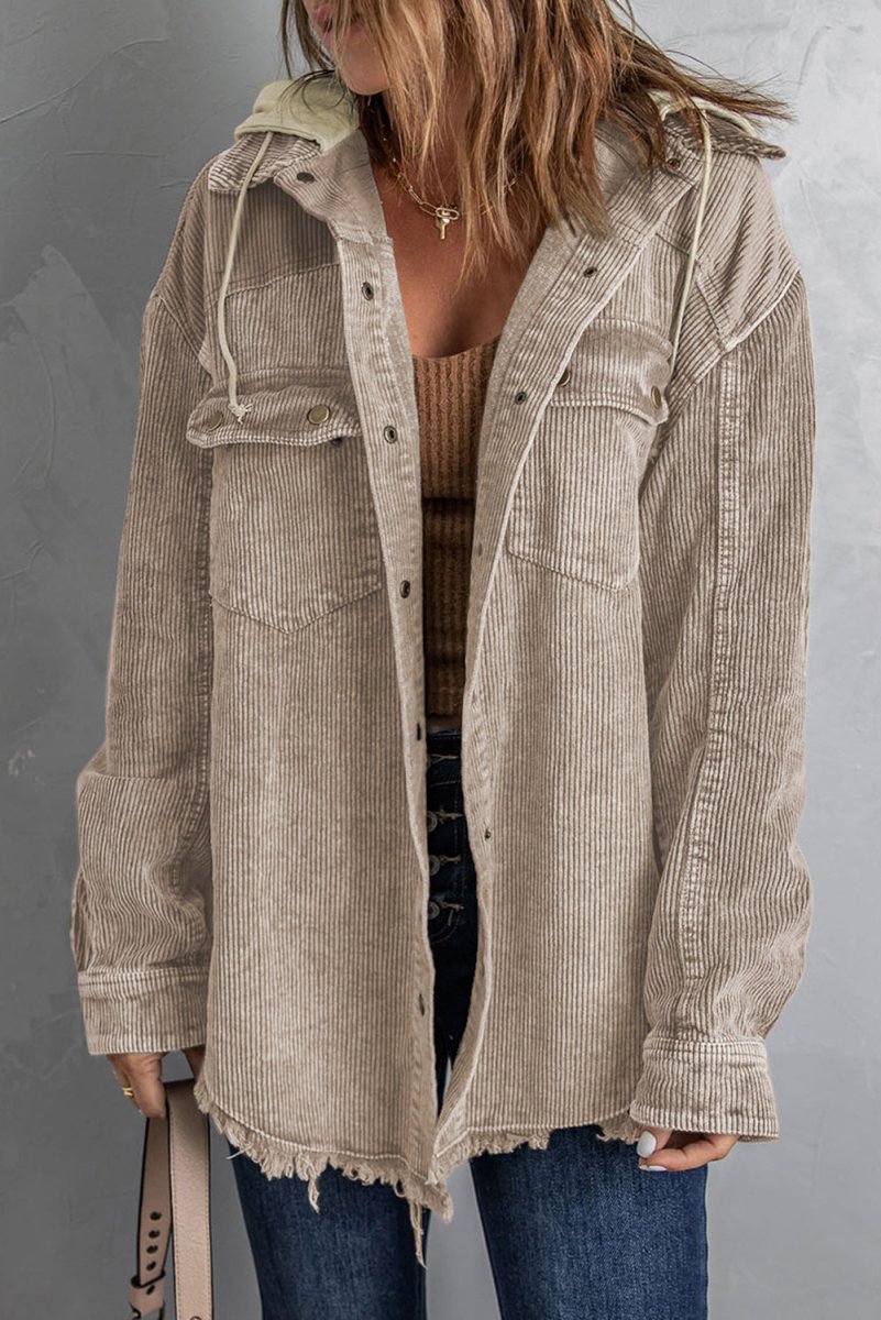 Snap Front Hooded Corduroy Shacket - Outerwear