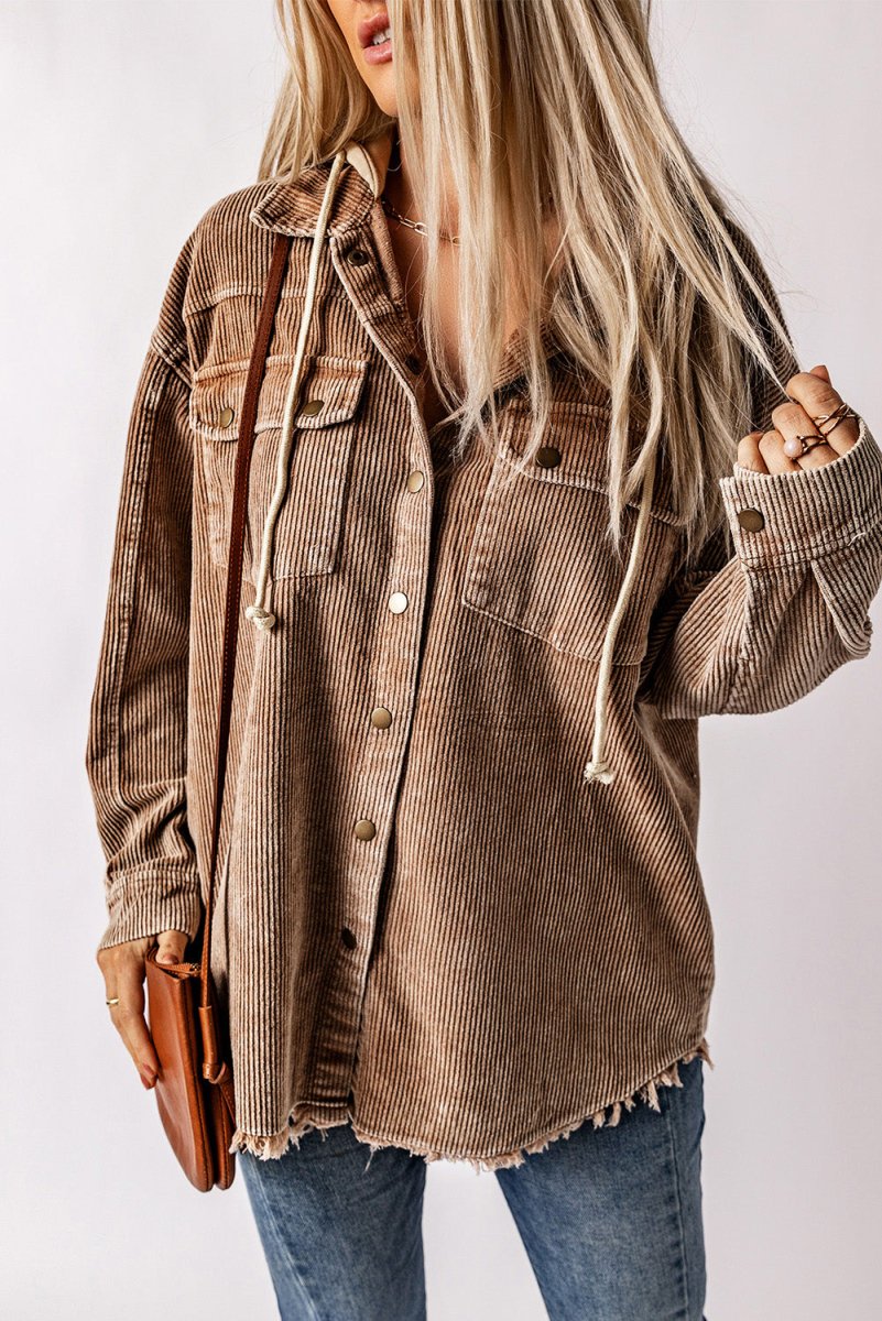 Snap Front Hooded Corduroy Shacket - Outerwear