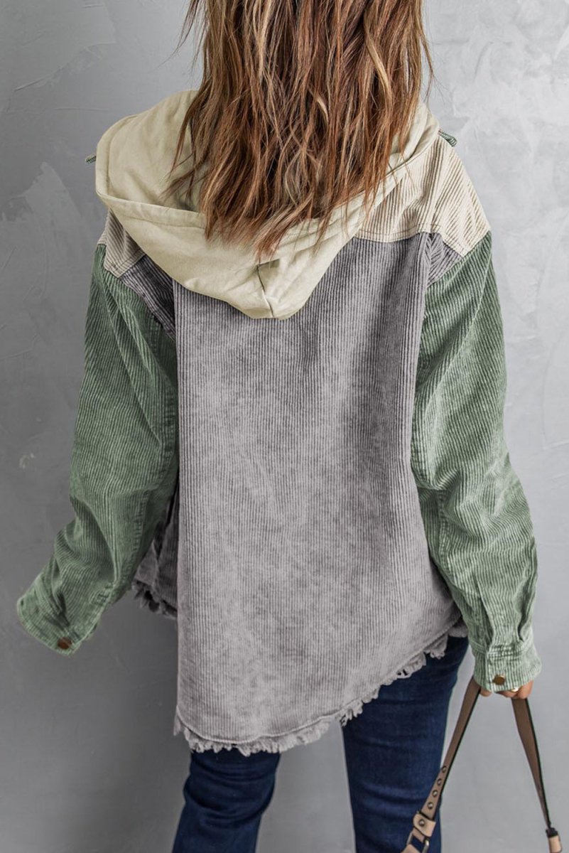 Snap Front Hooded Corduroy Shacket - Outerwear