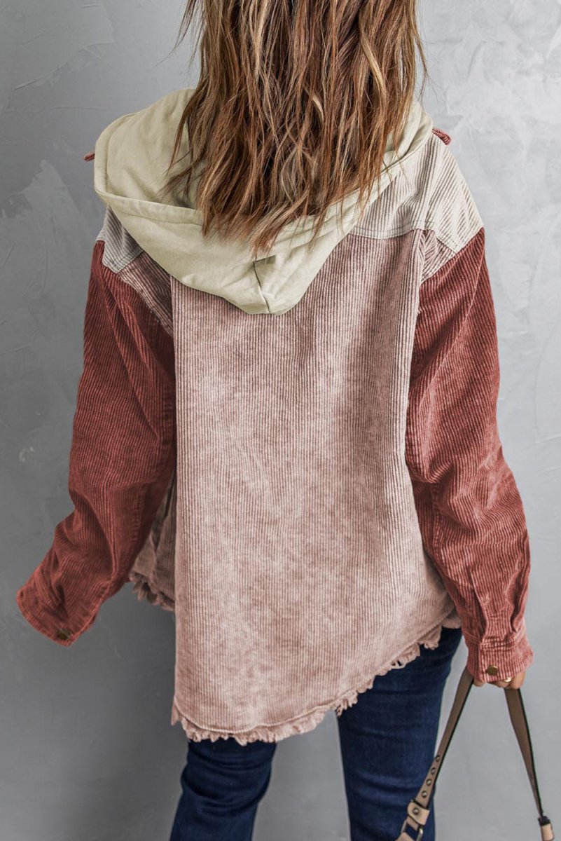 Snap Front Hooded Corduroy Shacket - Outerwear
