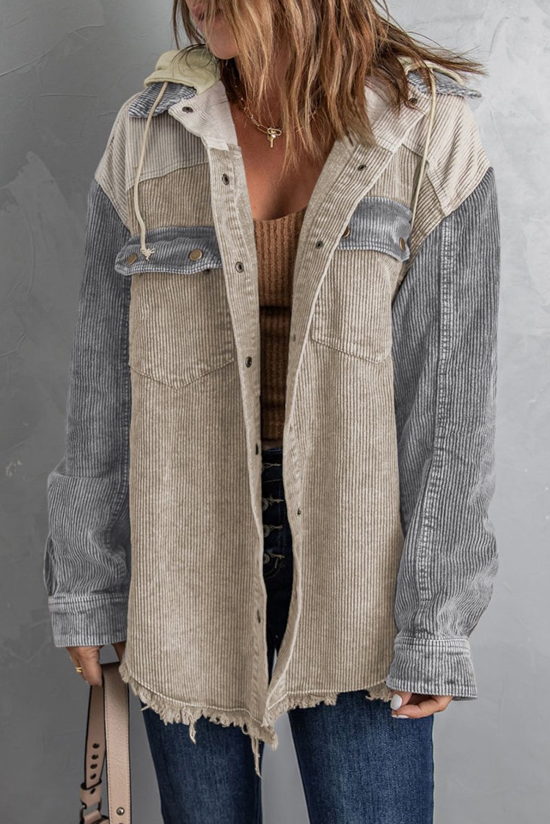 Snap Front Hooded Corduroy Shacket - Outerwear