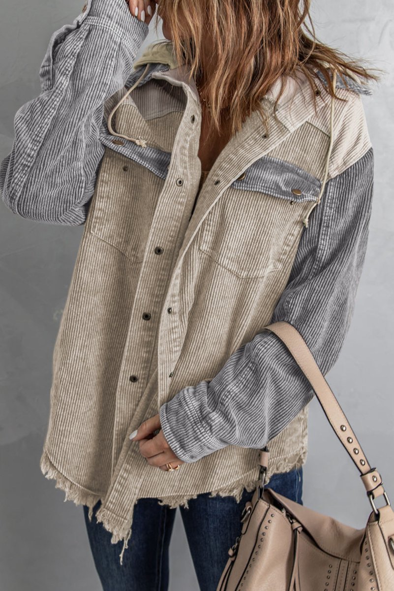 Snap Front Hooded Corduroy Shacket - Outerwear
