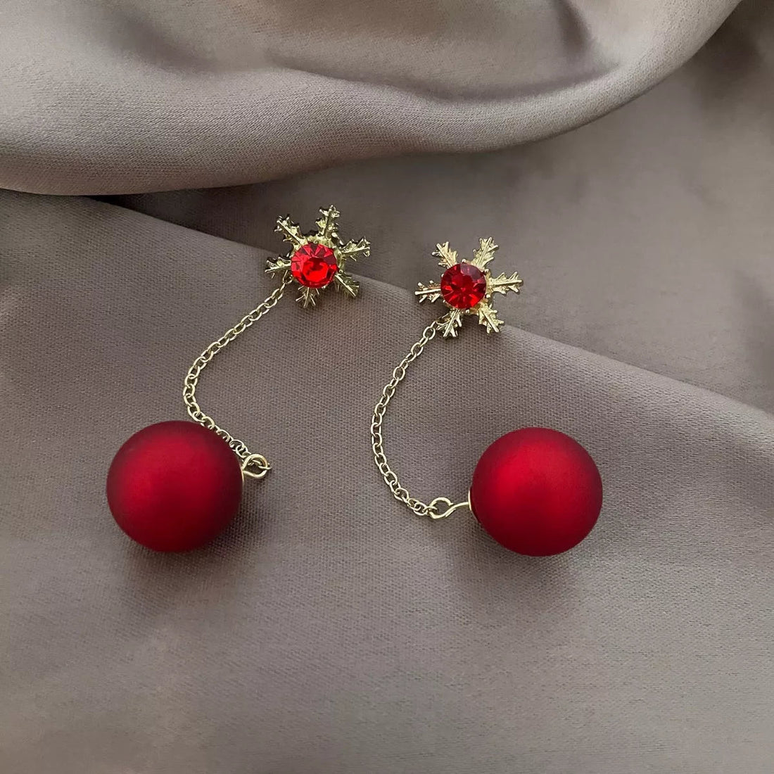 Snowflake Drop Earrings with Red Pearl - 