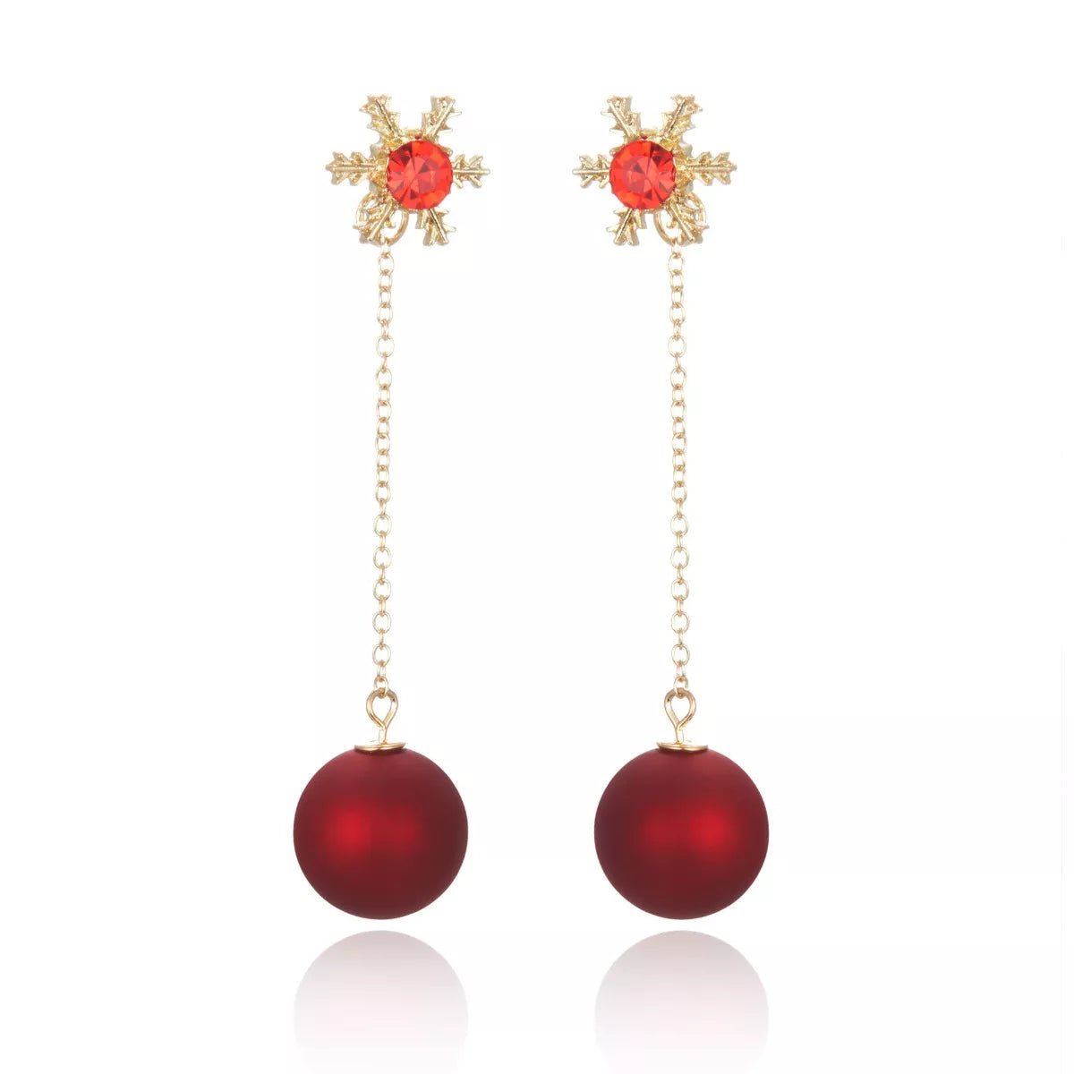 Snowflake Drop Earrings with Red Pearl - 