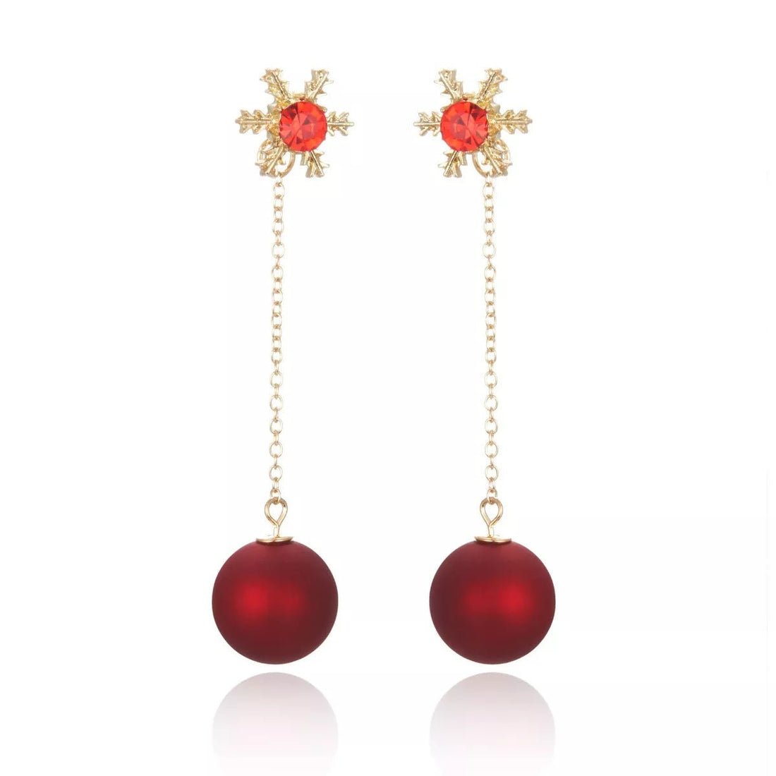 Snowflake Drop Earrings with Red Pearl - 