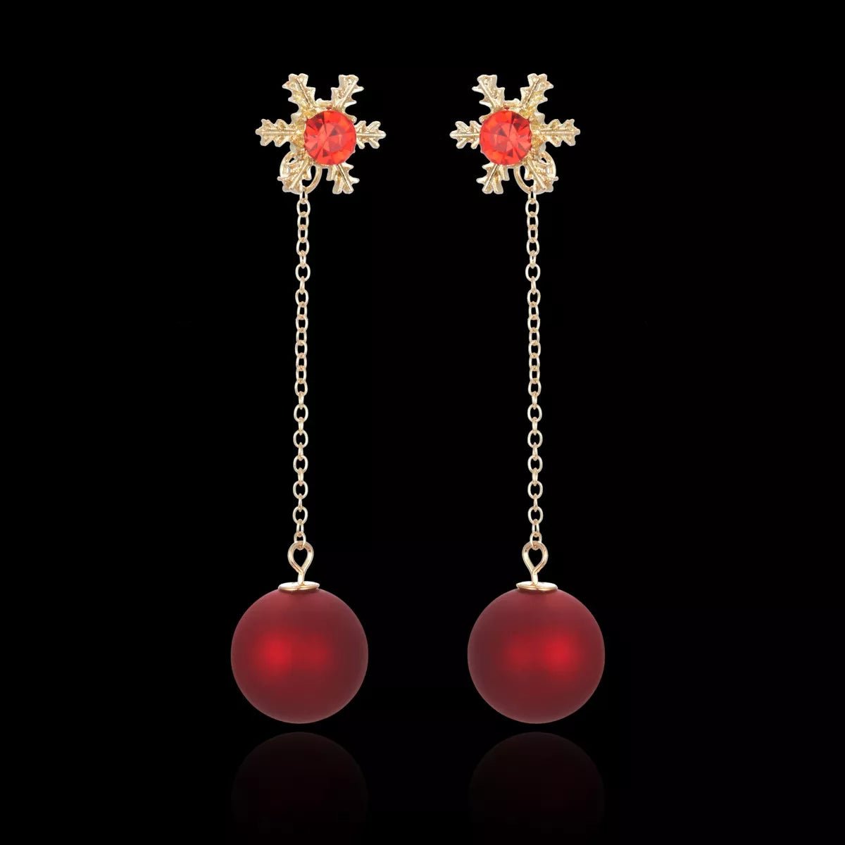 Snowflake Drop Earrings with Red Pearl - 