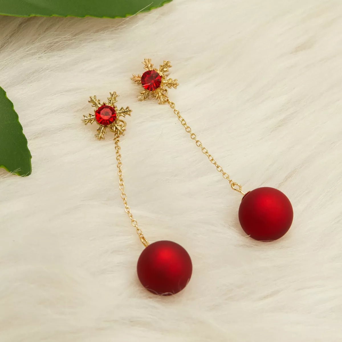 Snowflake Drop Earrings with Red Pearl - 