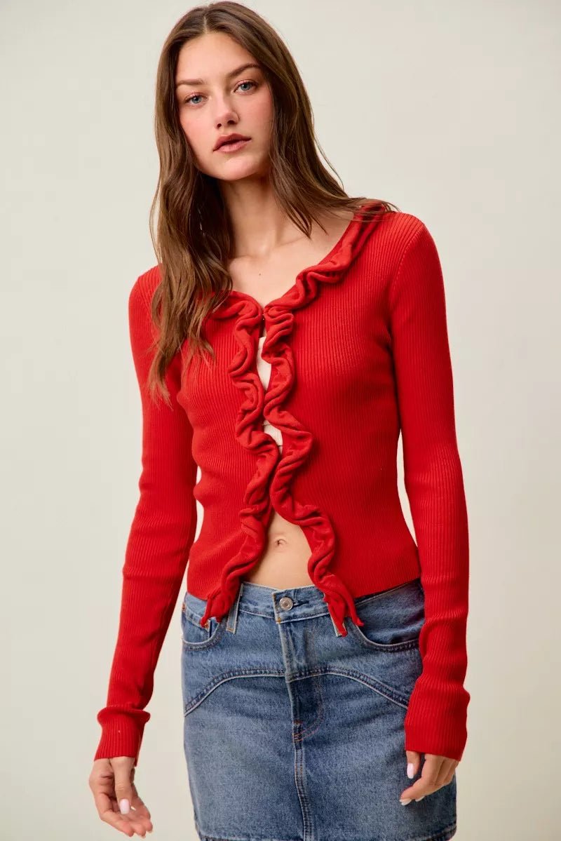 SO ME Cascade Ruffle Ribbed Sweater Cardgian - 