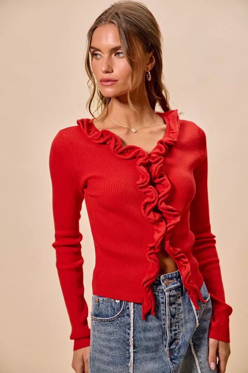 SO ME Cascade Ruffle Ribbed Sweater Cardgian - 