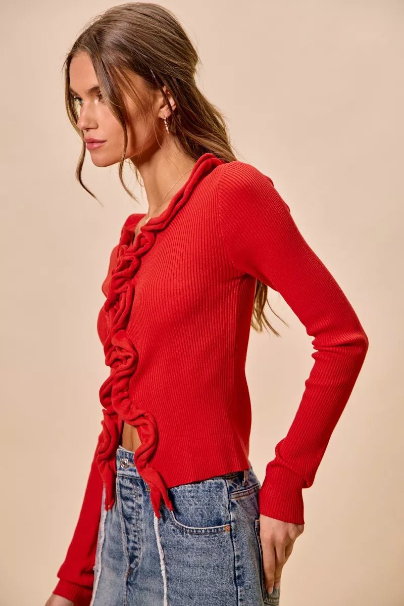 SO ME Cascade Ruffle Ribbed Sweater Cardgian - 