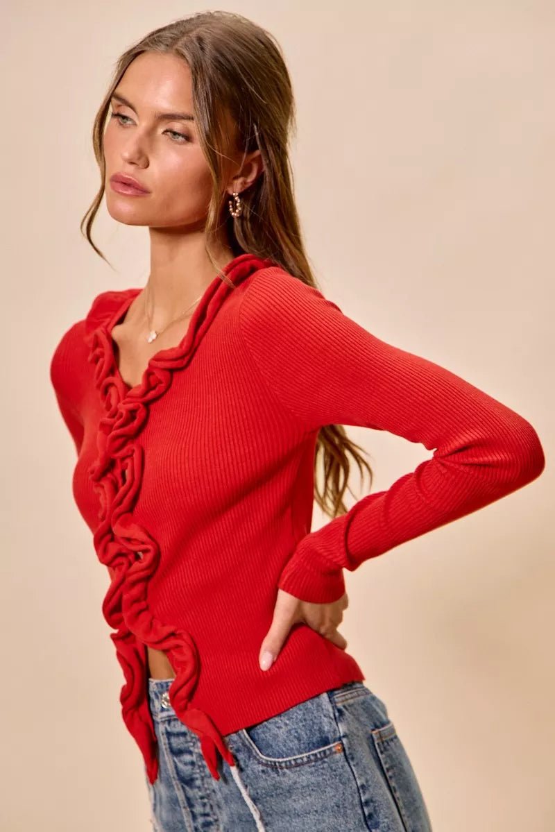 SO ME Cascade Ruffle Ribbed Sweater Cardgian - 