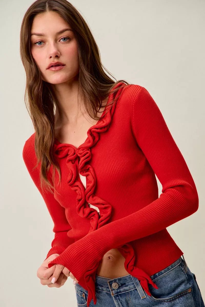 SO ME Cascade Ruffle Ribbed Sweater Cardgian - 