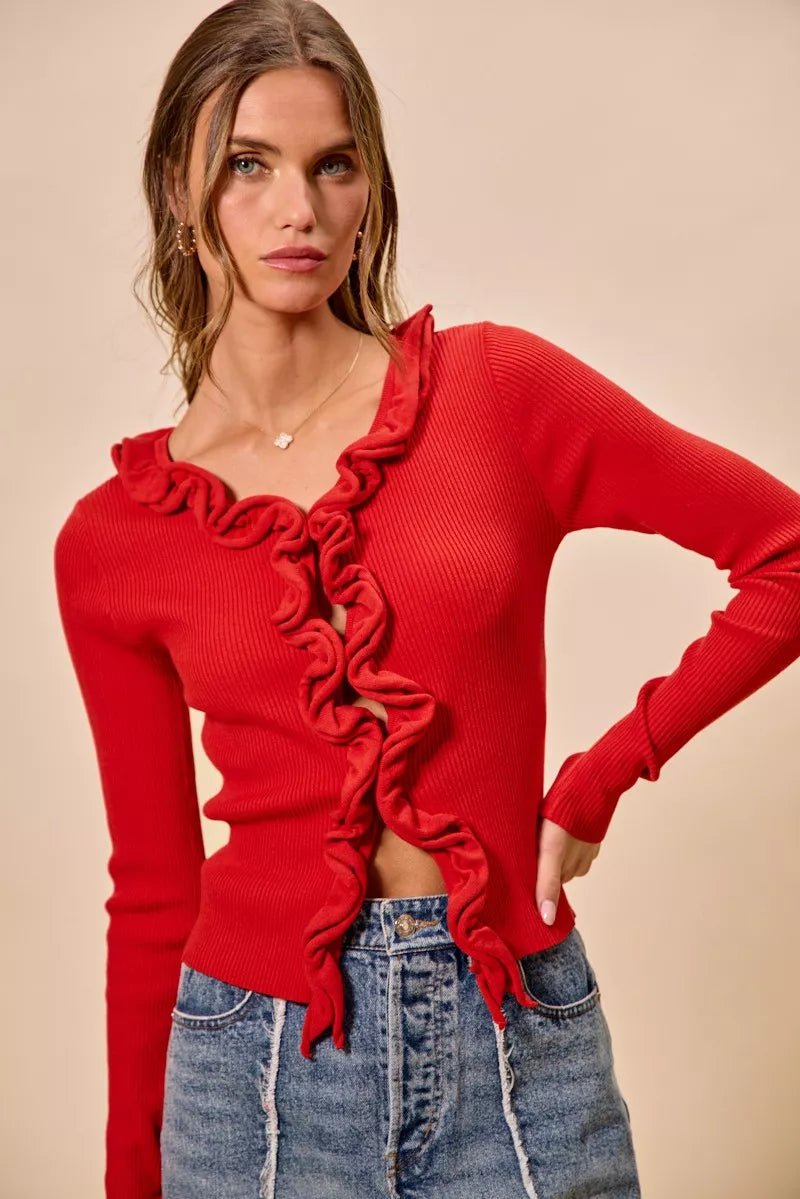 SO ME Cascade Ruffle Ribbed Sweater Cardgian - 