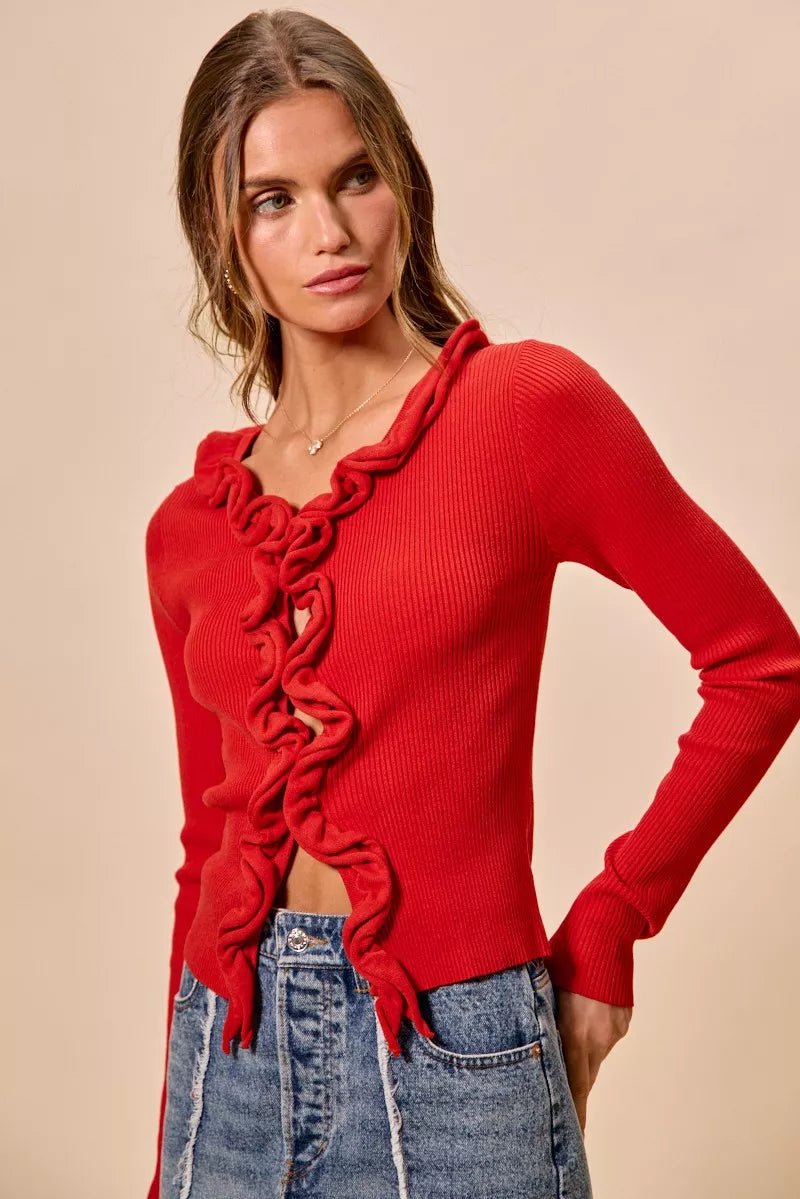 SO ME Cascade Ruffle Ribbed Sweater Cardgian - 