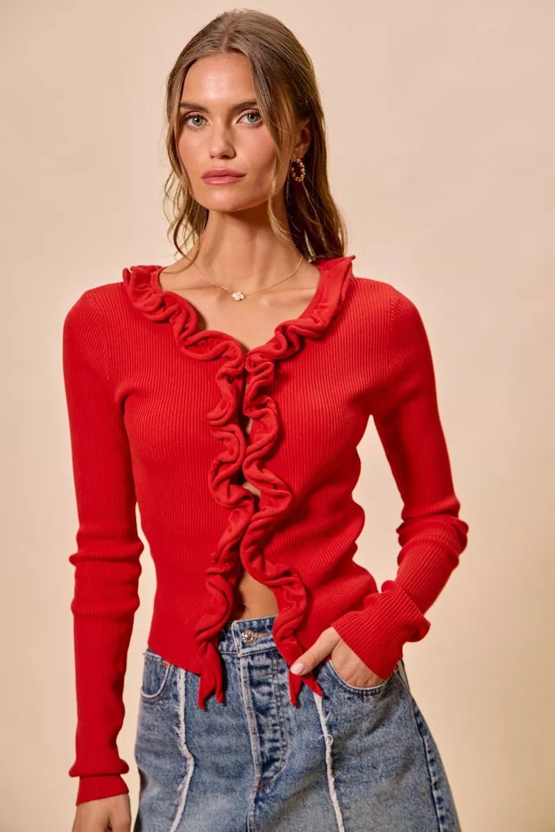 SO ME Cascade Ruffle Ribbed Sweater Cardgian - 