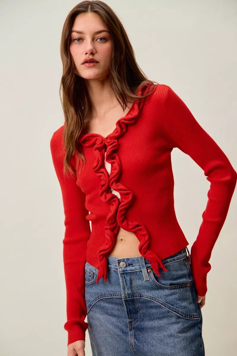 SO ME Cascade Ruffle Ribbed Sweater Cardgian - 