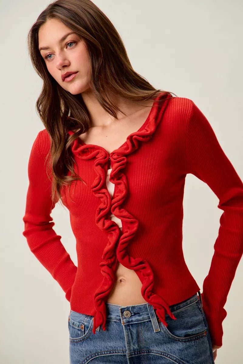 SO ME Cascade Ruffle Ribbed Sweater Cardgian - 