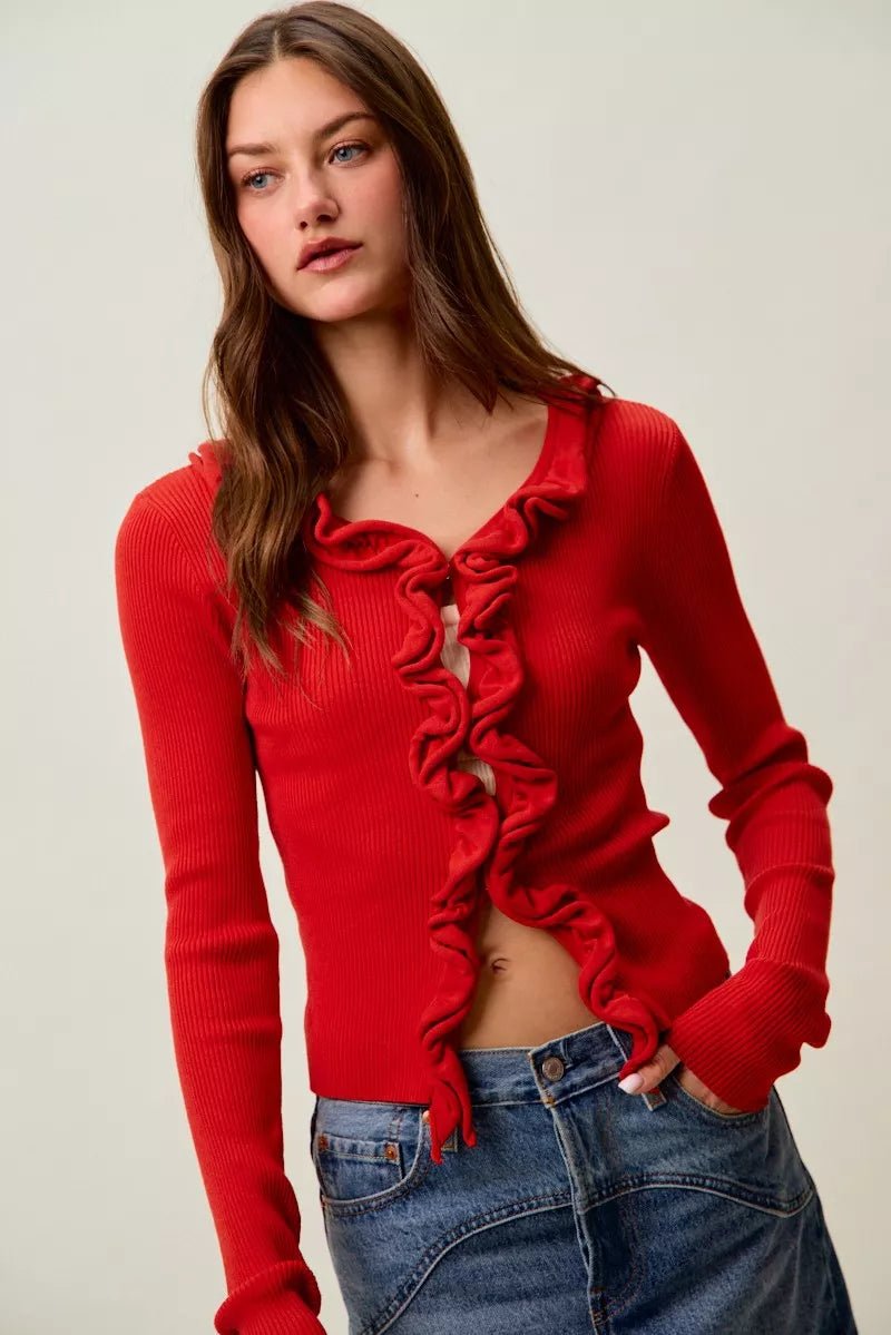 SO ME Cascade Ruffle Ribbed Sweater Cardgian - 