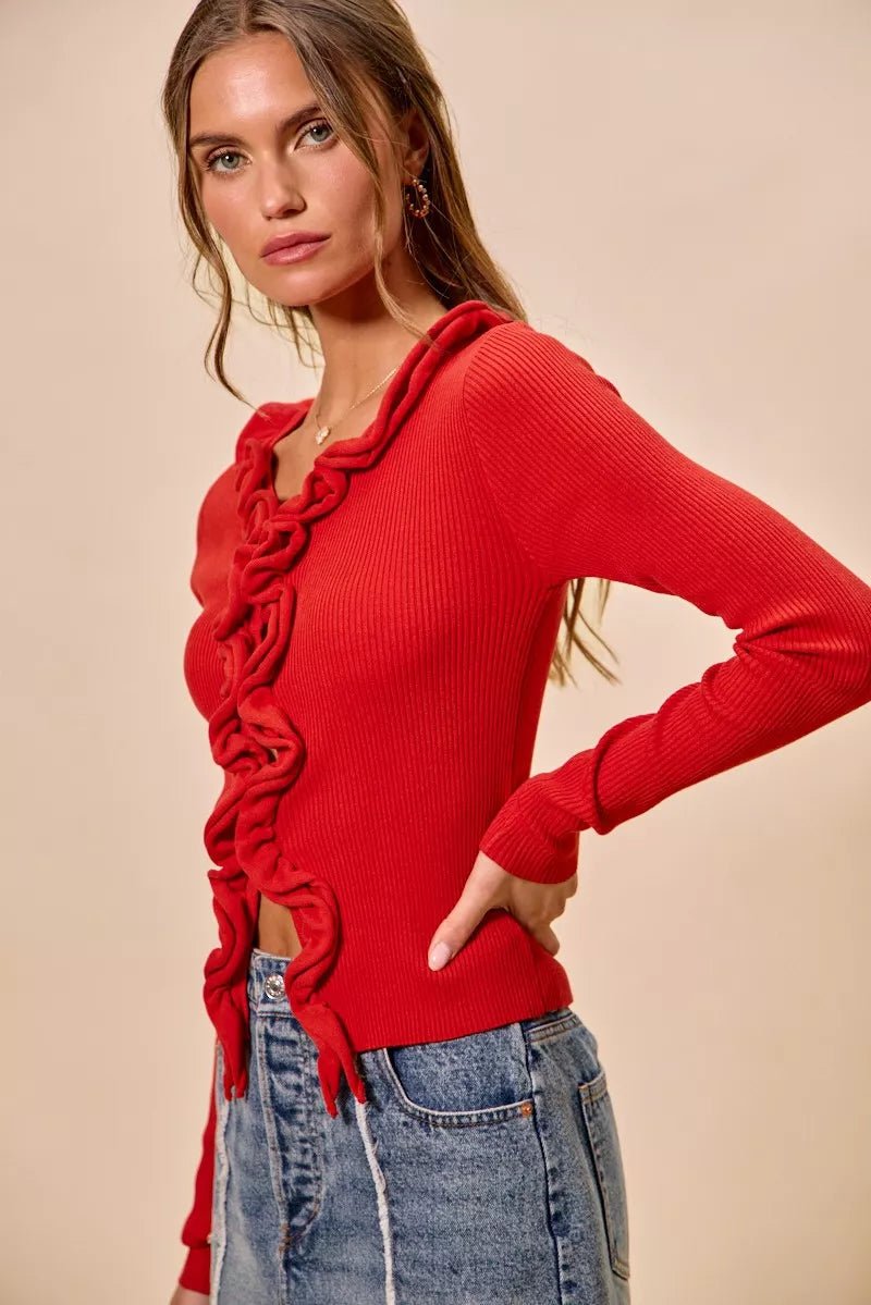 SO ME Cascade Ruffle Ribbed Sweater Cardgian - 