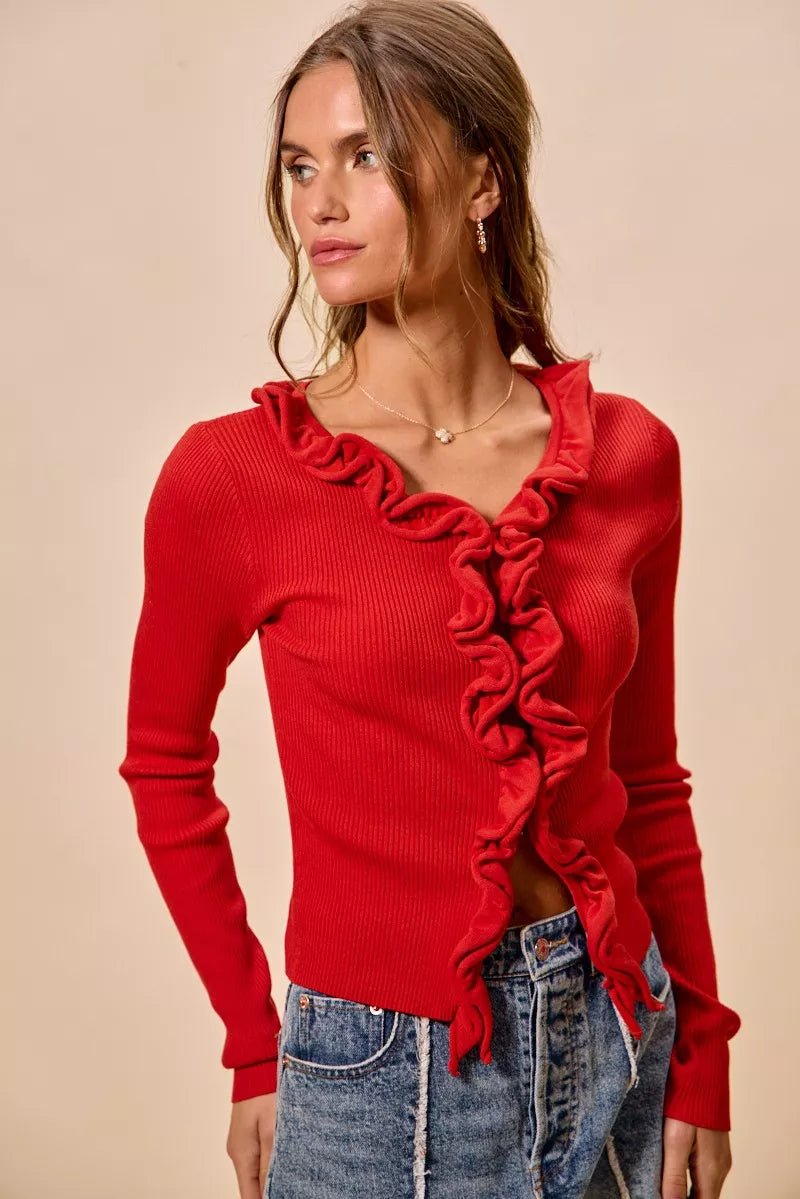 SO ME Cascade Ruffle Ribbed Sweater Cardgian - 