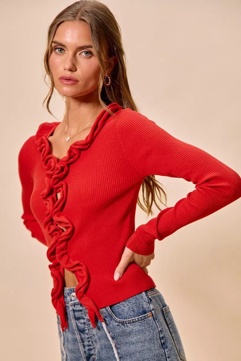 SO ME Cascade Ruffle Ribbed Sweater Cardgian - 