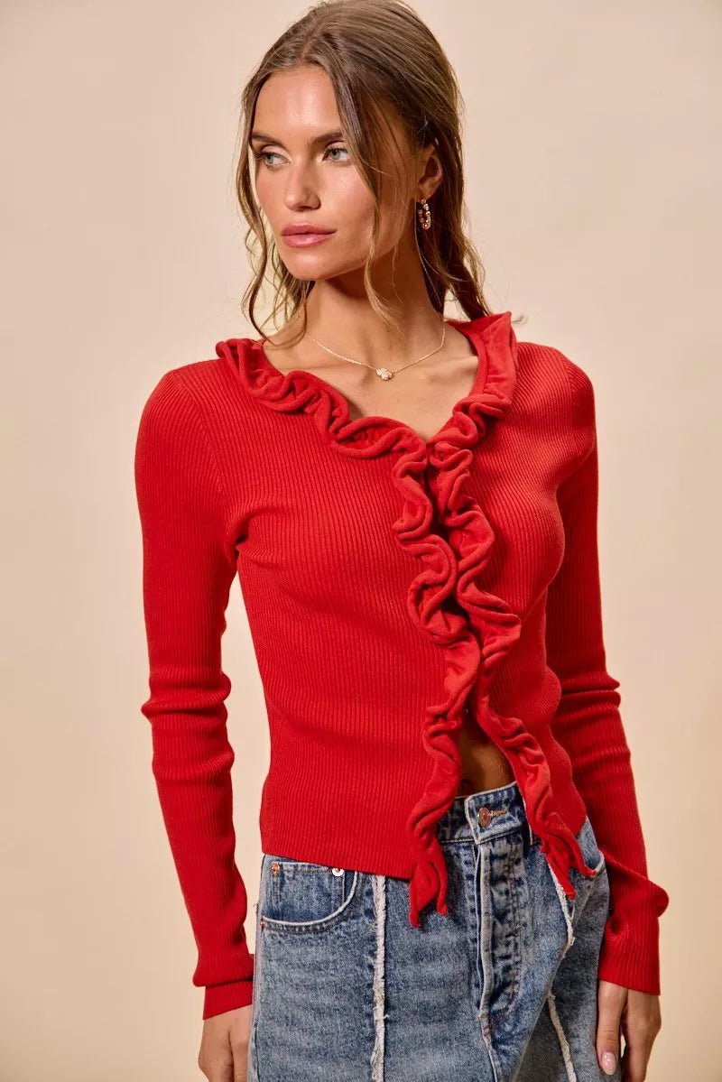SO ME Cascade Ruffle Ribbed Sweater Cardgian - 