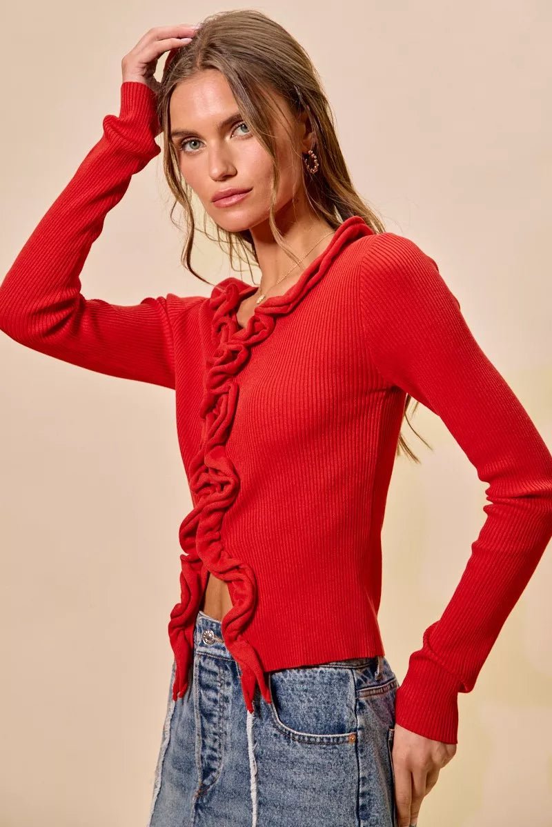 SO ME Cascade Ruffle Ribbed Sweater Cardgian - 