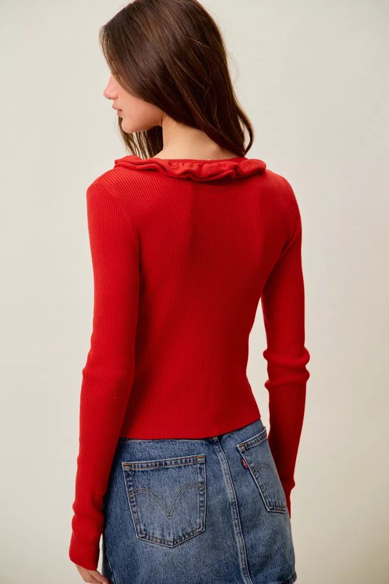SO ME Cascade Ruffle Ribbed Sweater Cardgian - 