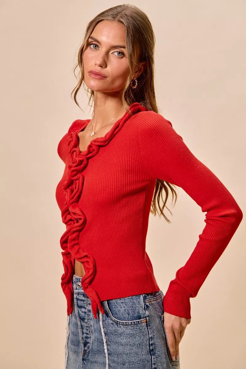 SO ME Cascade Ruffle Ribbed Sweater Cardgian - 