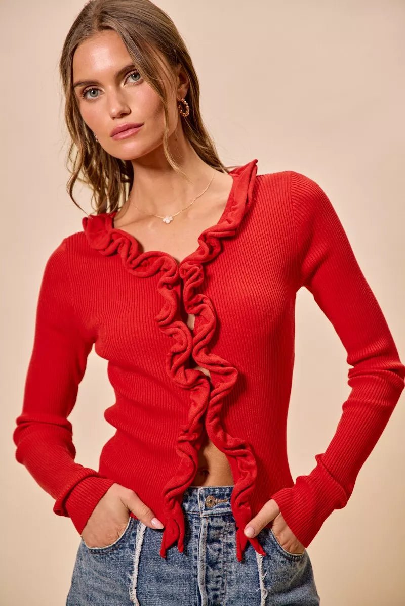 SO ME Cascade Ruffle Ribbed Sweater Cardgian - 