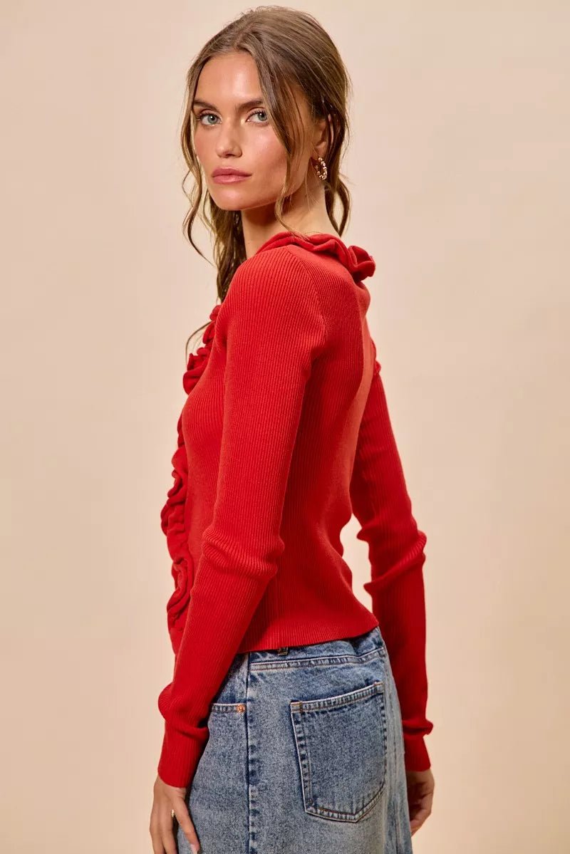 SO ME Cascade Ruffle Ribbed Sweater Cardgian - 
