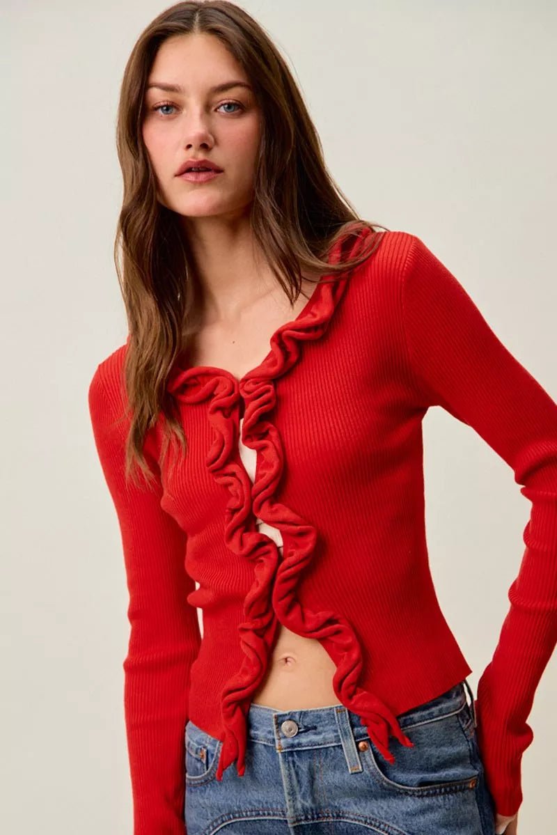 SO ME Cascade Ruffle Ribbed Sweater Cardgian - 