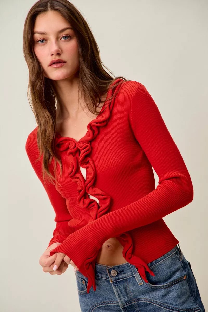 SO ME Cascade Ruffle Ribbed Sweater Cardgian - 