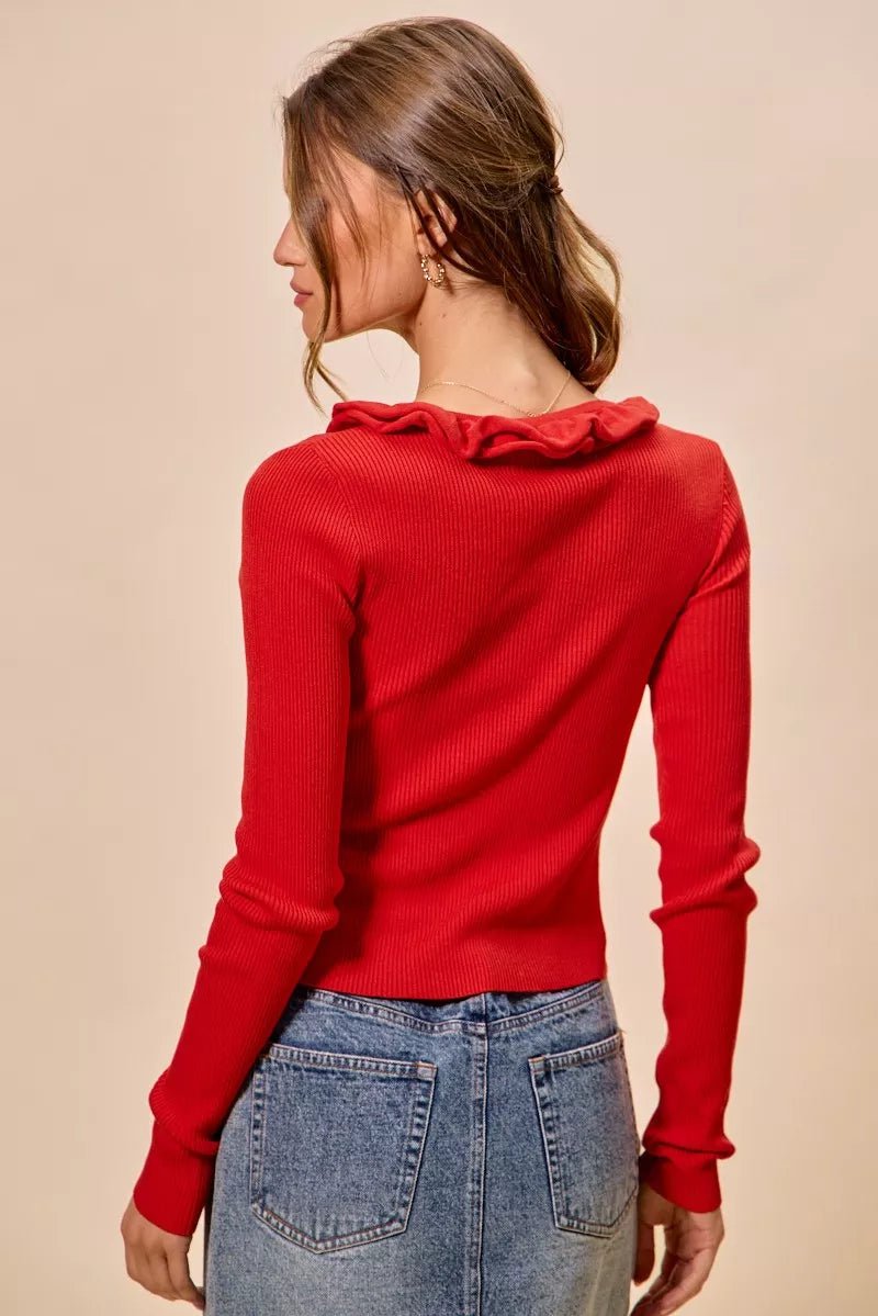 SO ME Cascade Ruffle Ribbed Sweater Cardgian - 