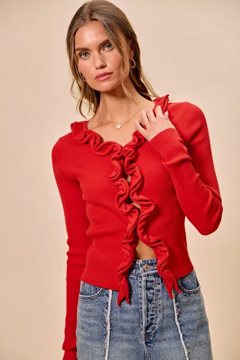 SO ME Cascade Ruffle Ribbed Sweater Cardgian - 
