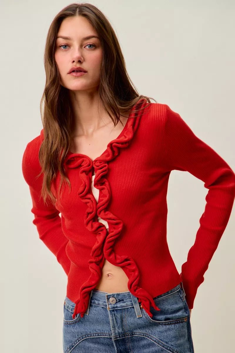 SO ME Cascade Ruffle Ribbed Sweater Cardgian - 