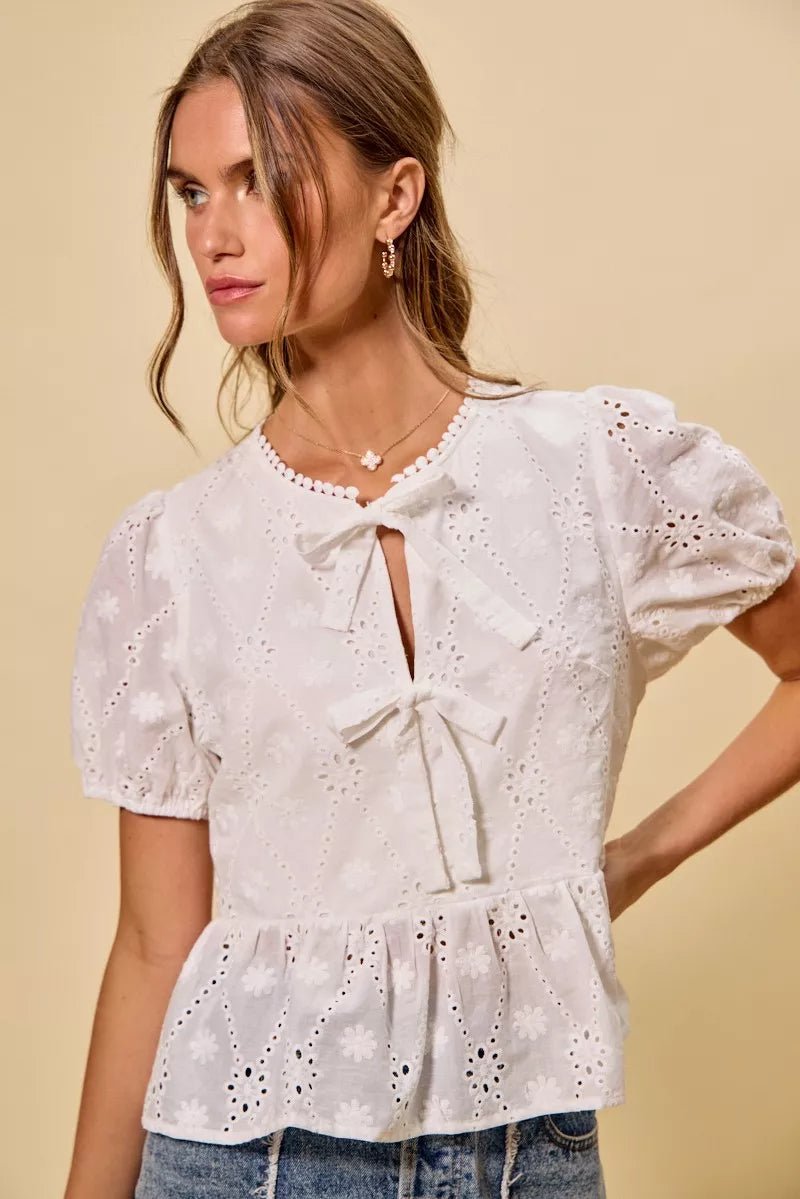 SO ME Cotton Eyelet Front Tie Short Sleeves Blouse - 