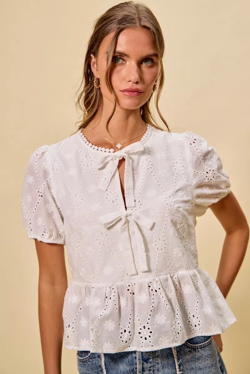 SO ME Cotton Eyelet Front Tie Short Sleeves Blouse - 