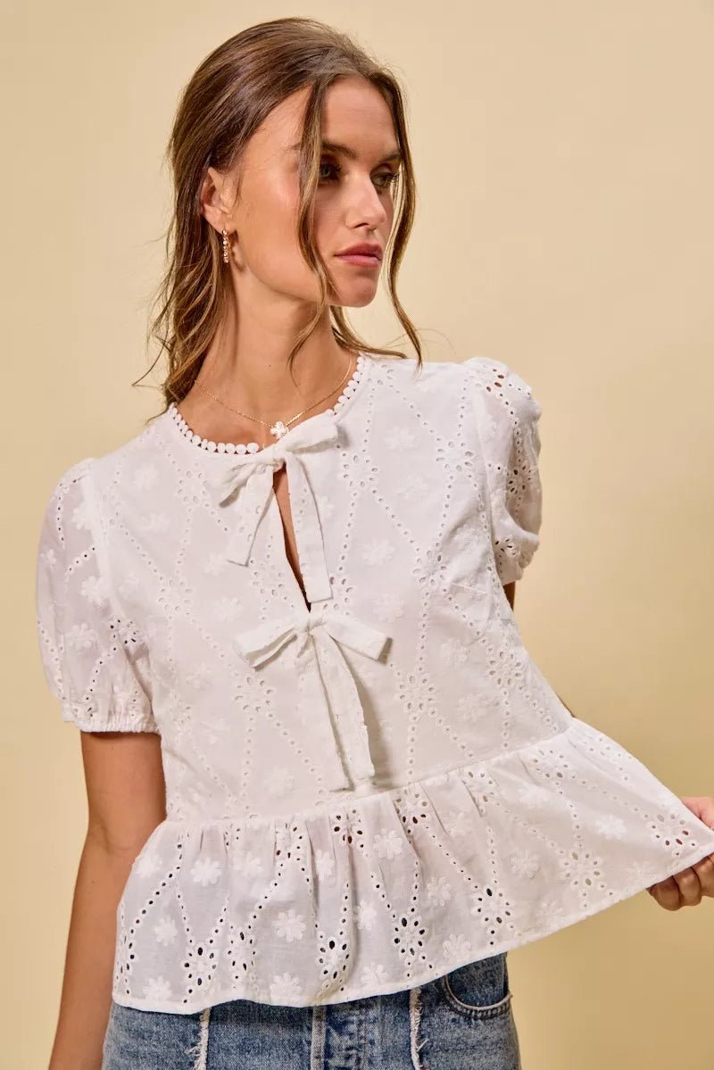 SO ME Cotton Eyelet Front Tie Short Sleeves Blouse - 