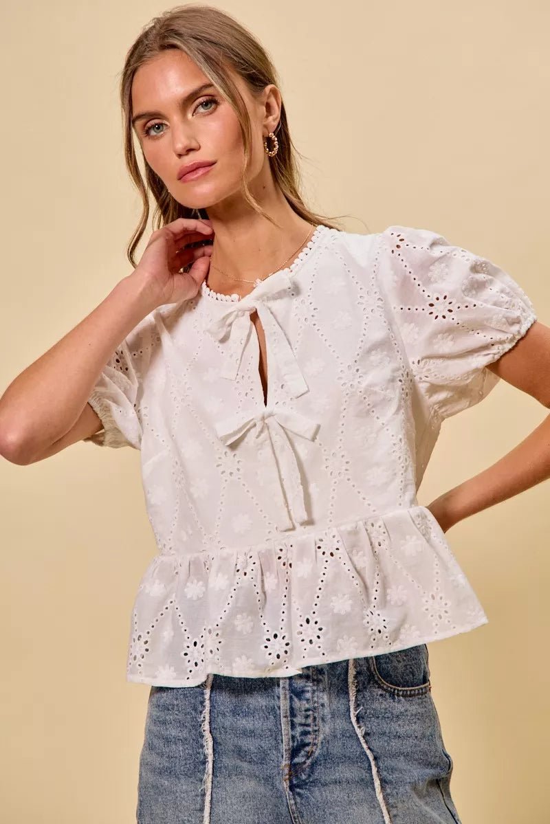 SO ME Cotton Eyelet Front Tie Short Sleeves Blouse - 