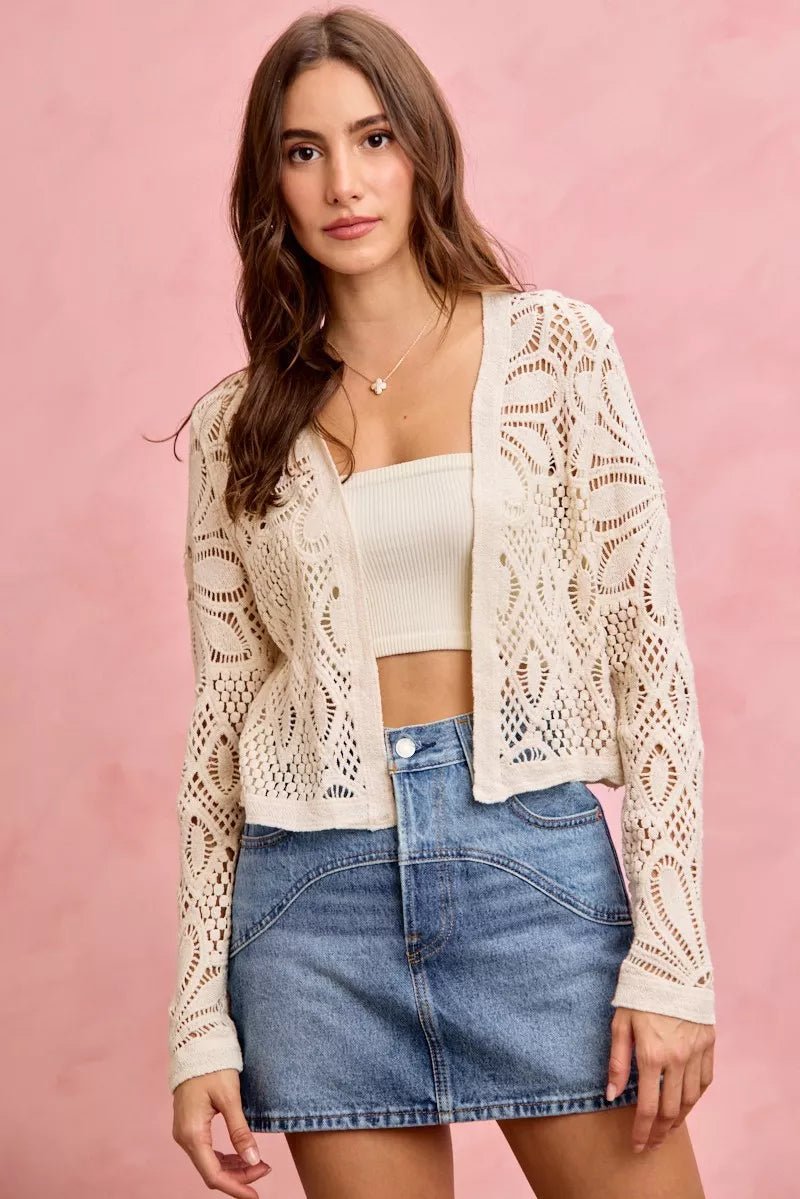 SO ME Crochet Knit Long Sleeves Cardigan Sweater - 