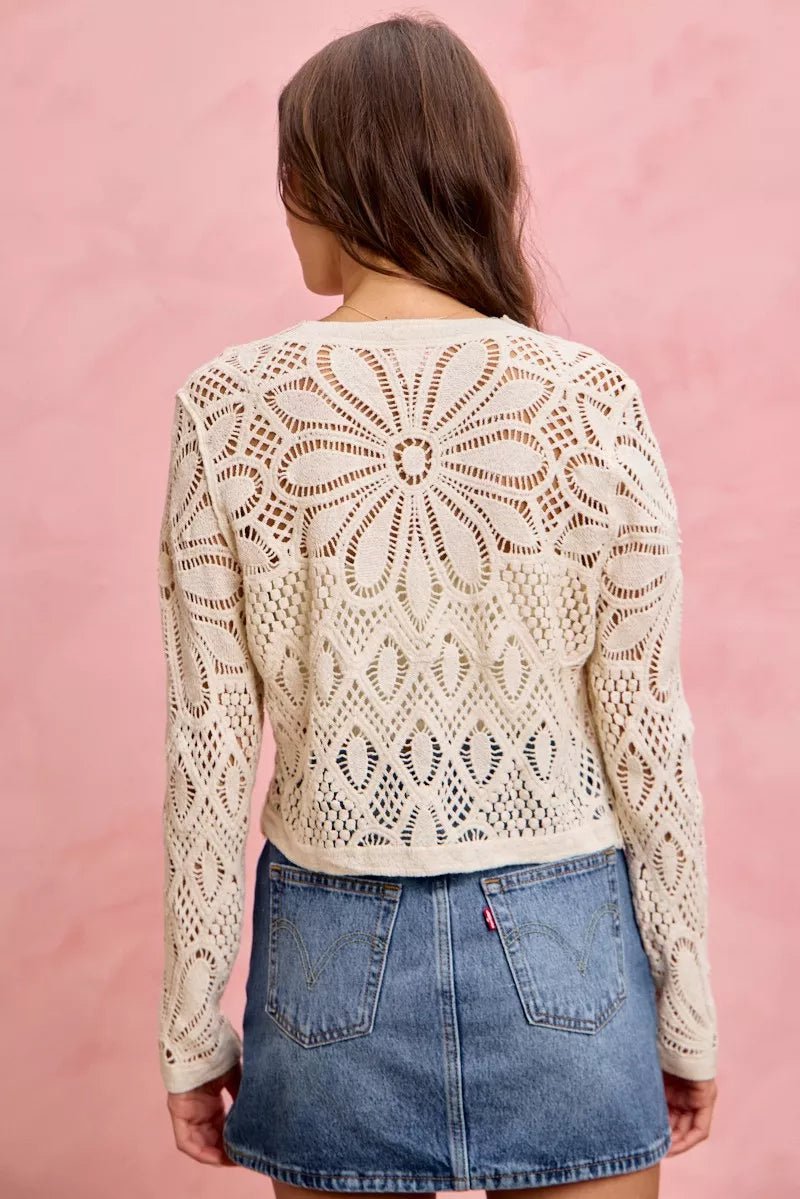 SO ME Crochet Knit Long Sleeves Cardigan Sweater - 